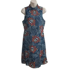 AAKAA Blue Sleeveless High Neck Floral Dress Size M